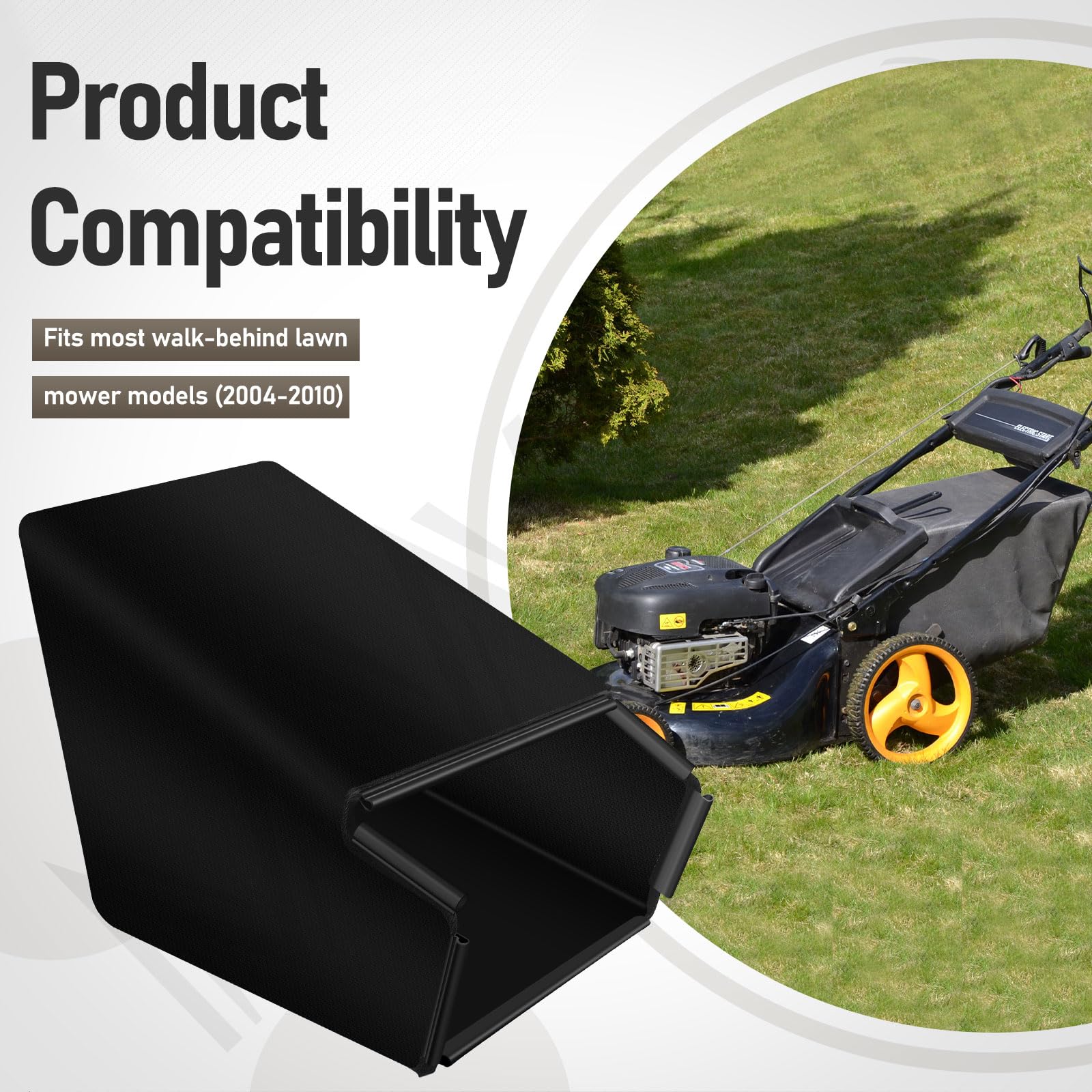 MWEDP 964-04007A grass catcher bag mounted under mower deck, reduces debris escape.