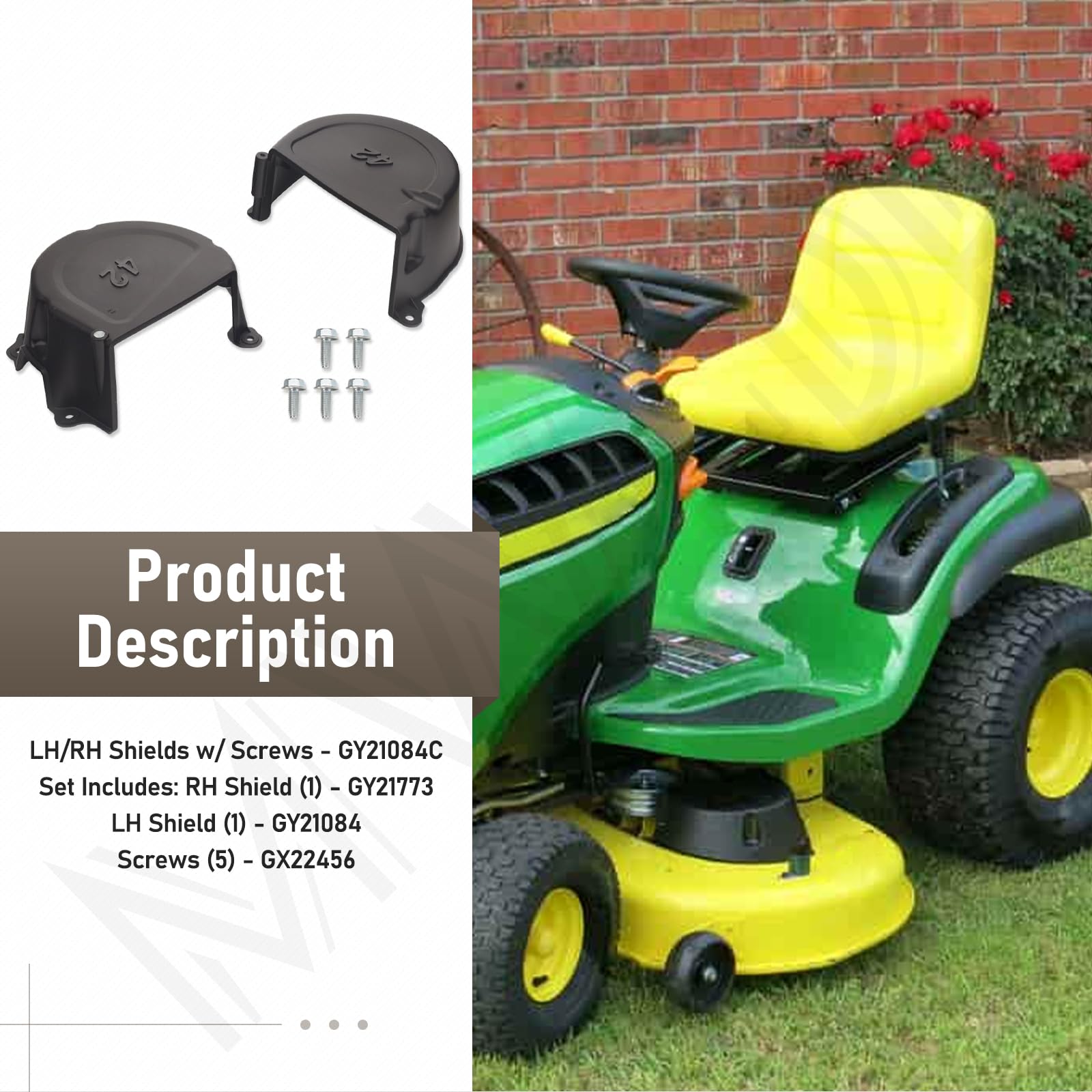 MWEDP shield set fits E-series and LA-series John Deere decks for easy upgrades.