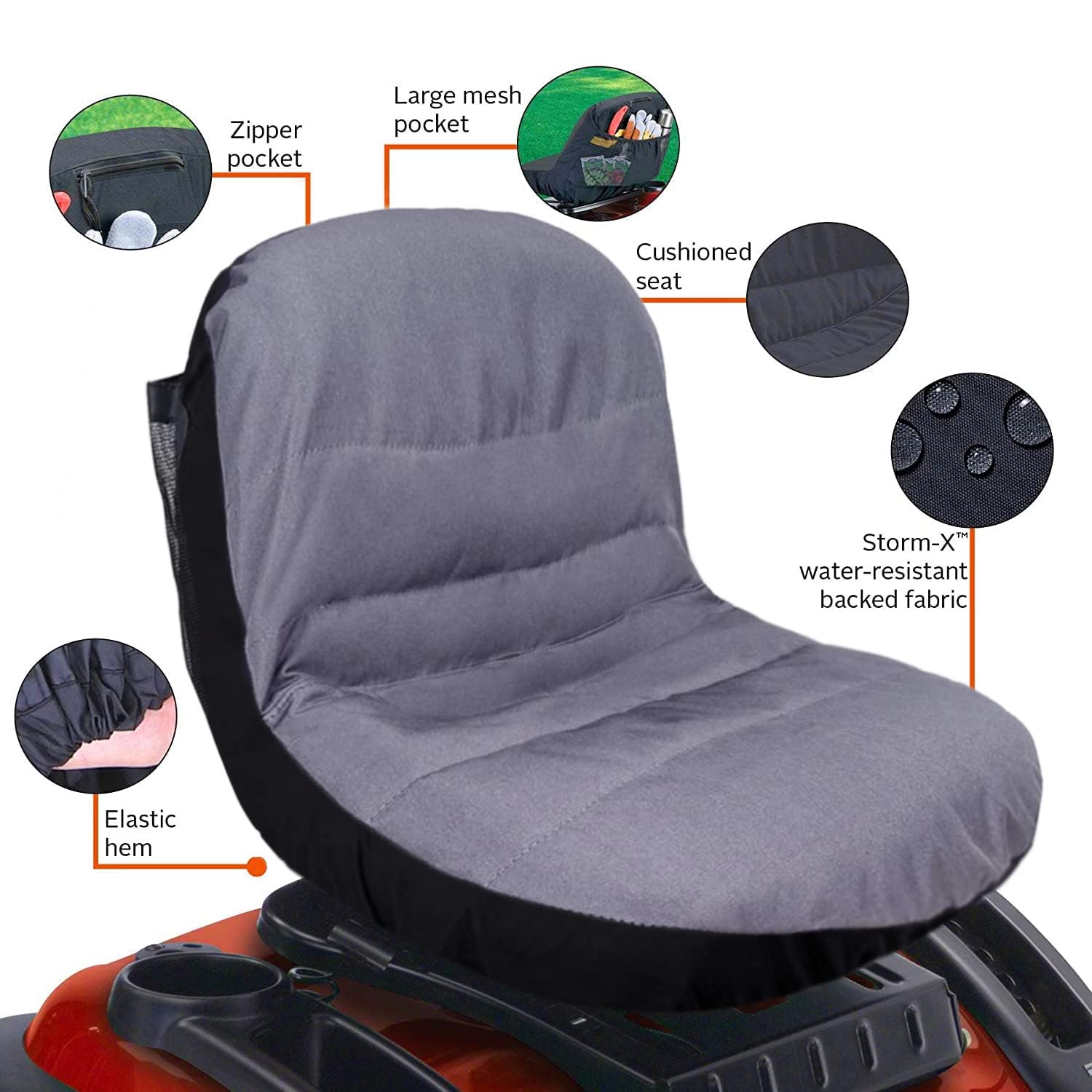 MWire seat cover installed on a riding mower for quick protection.