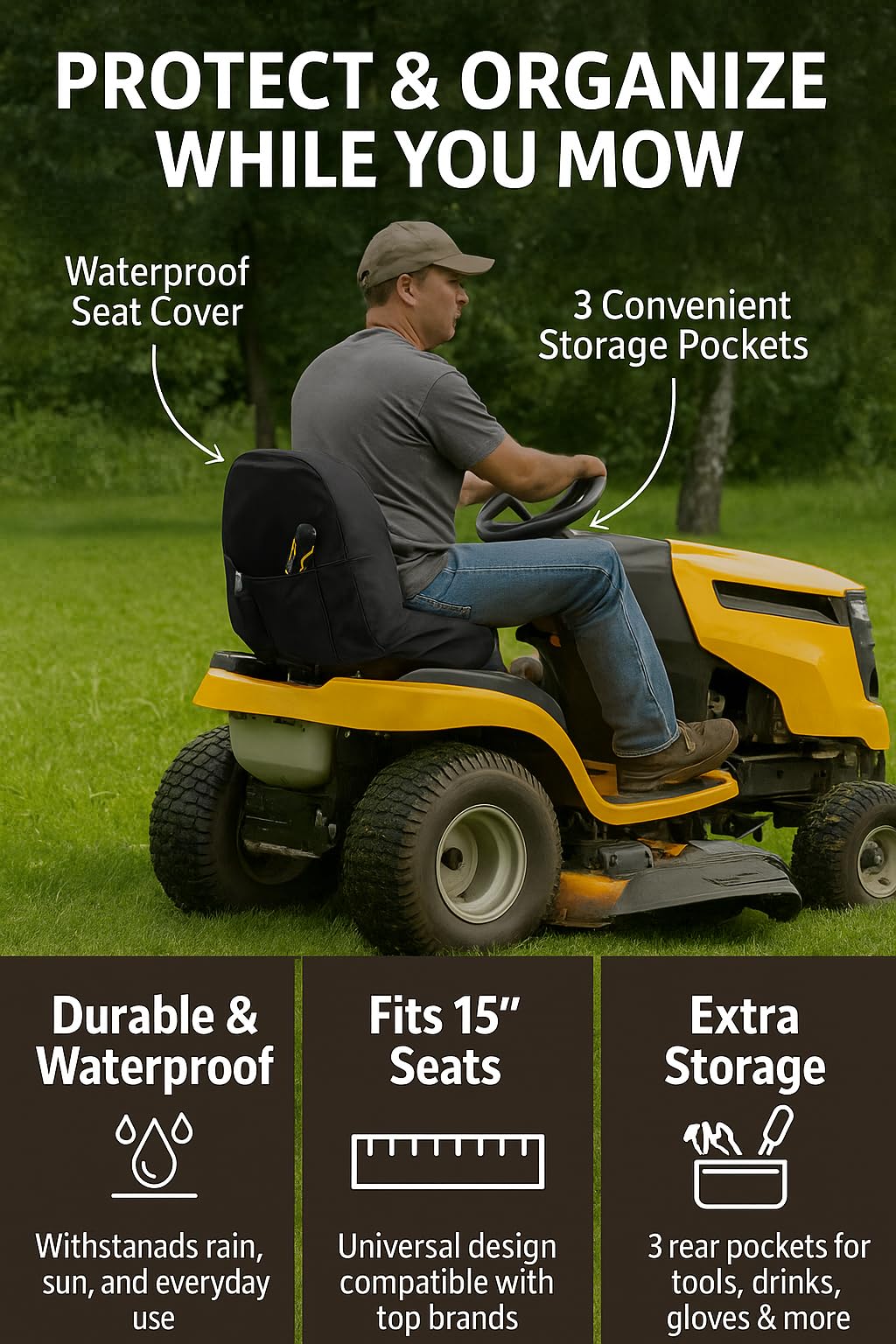 MWire seat cover with three back pockets keeps gloves and tools within reach