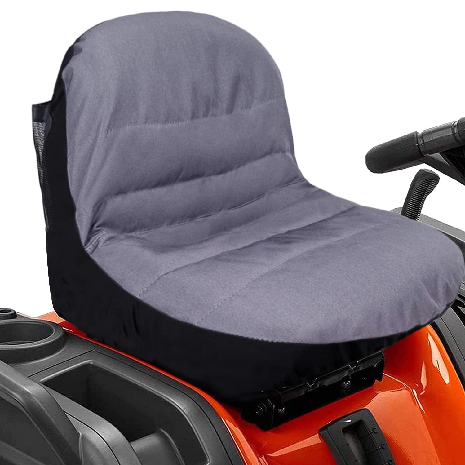 MWire universal seat cover on a grey mower seat provides weatherproof protection.