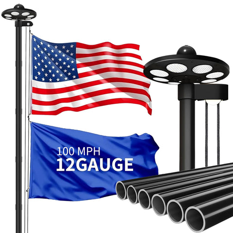 MXQMKL 25ft heavy-duty flagpole with 136 LED solar light, ready for outdoor display.