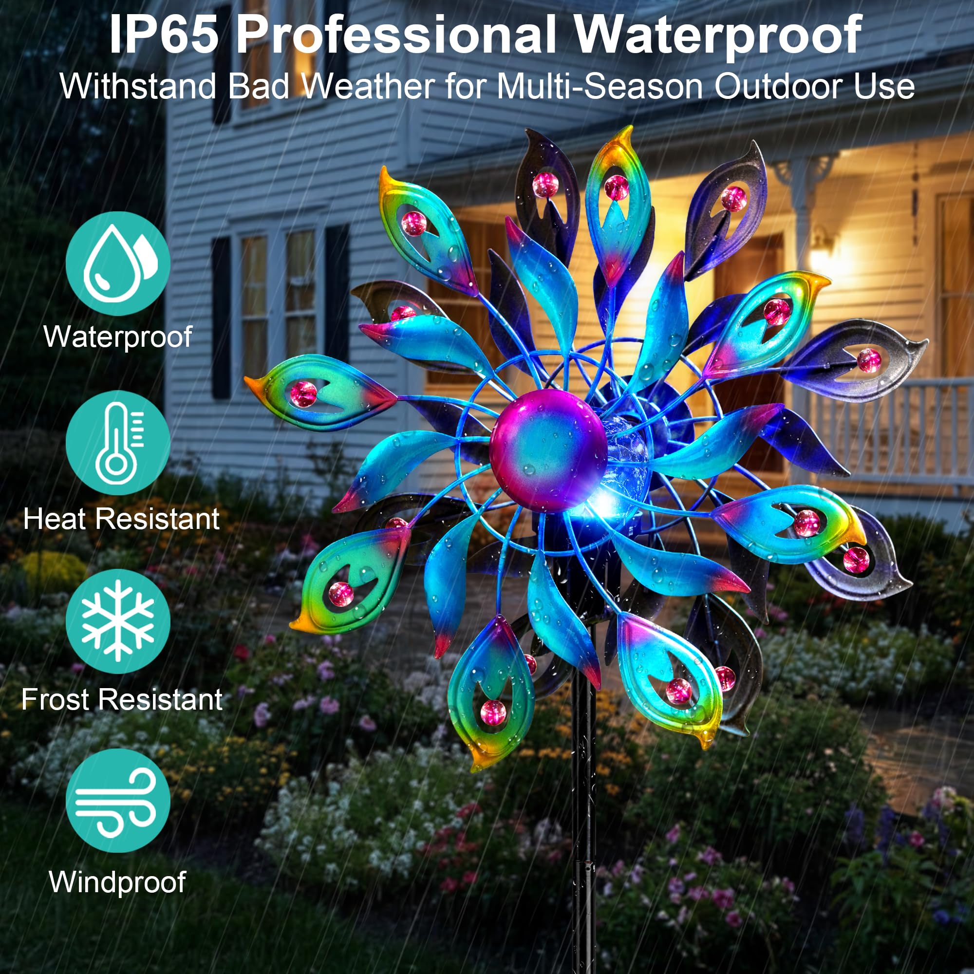 MXwcy 360 Peacock Solar Wind Spinner shows double blades in motion for dynamic art