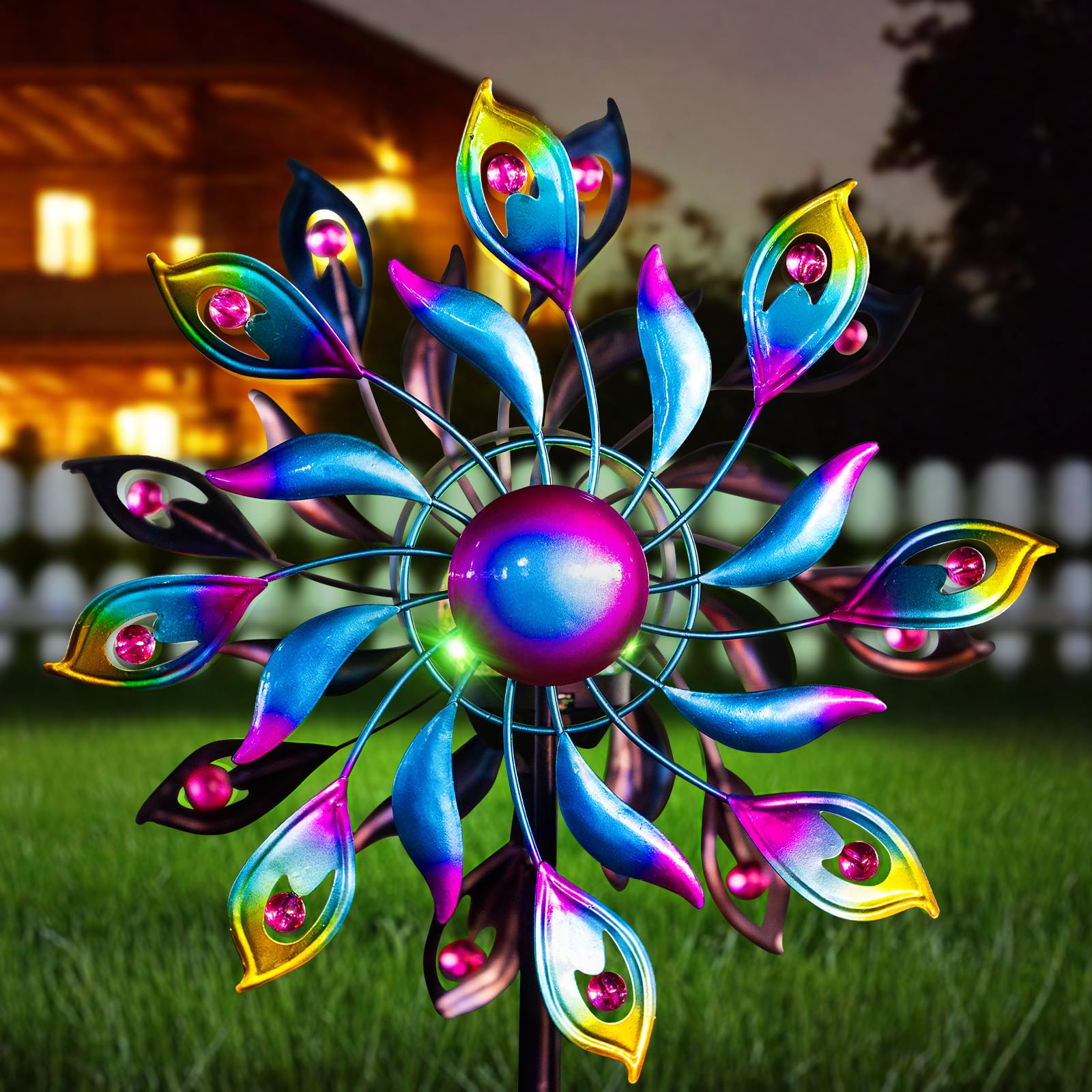 MXwcy 360 Peacock Solar Wind Spinner with globe light adds magical night garden ambiance