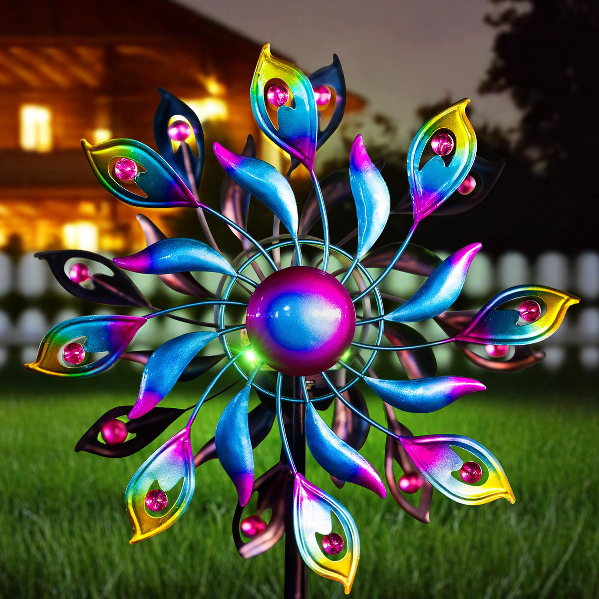 MXwcy 360 Peacock Solar Wind Spinner with globe light adds magical night garden ambiance