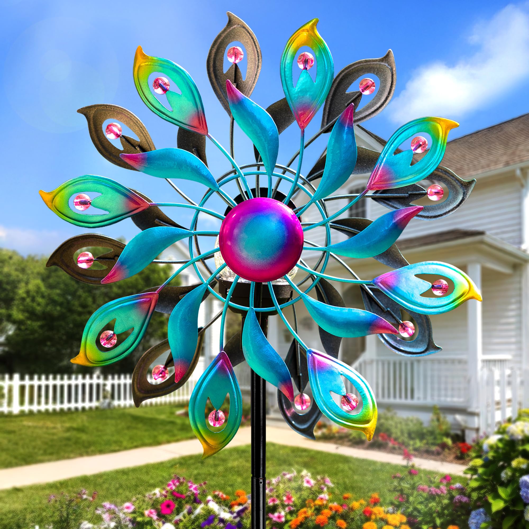MXwcy 360 Peacock Solar Wind Spinner features independent blade rotation for captivating contrast