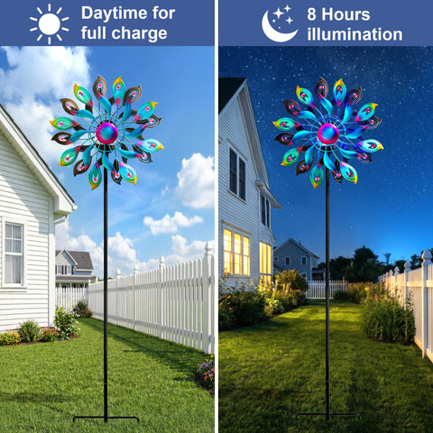 MXwcy 360 Peacock Solar Wind Spinner casts color changing light at night