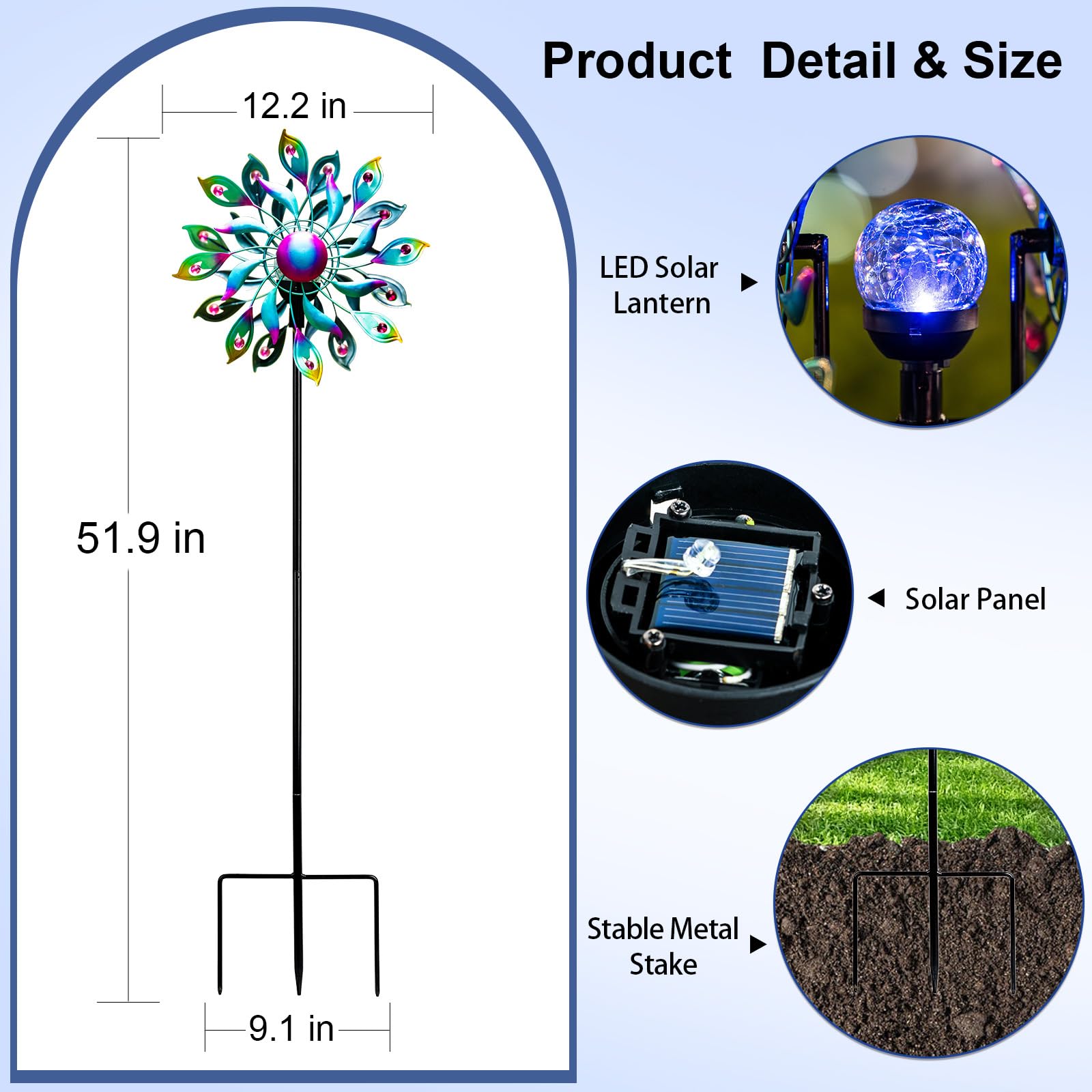 MXwcy 360 Peacock Solar Wind Spinner stands securely with four ground spikes in windy weather