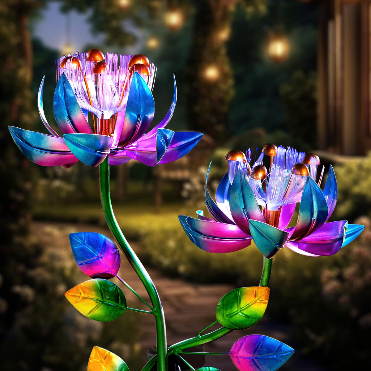 MXwcy solar wind spinners blue twin flowers glow at night for magical garden ambiance.