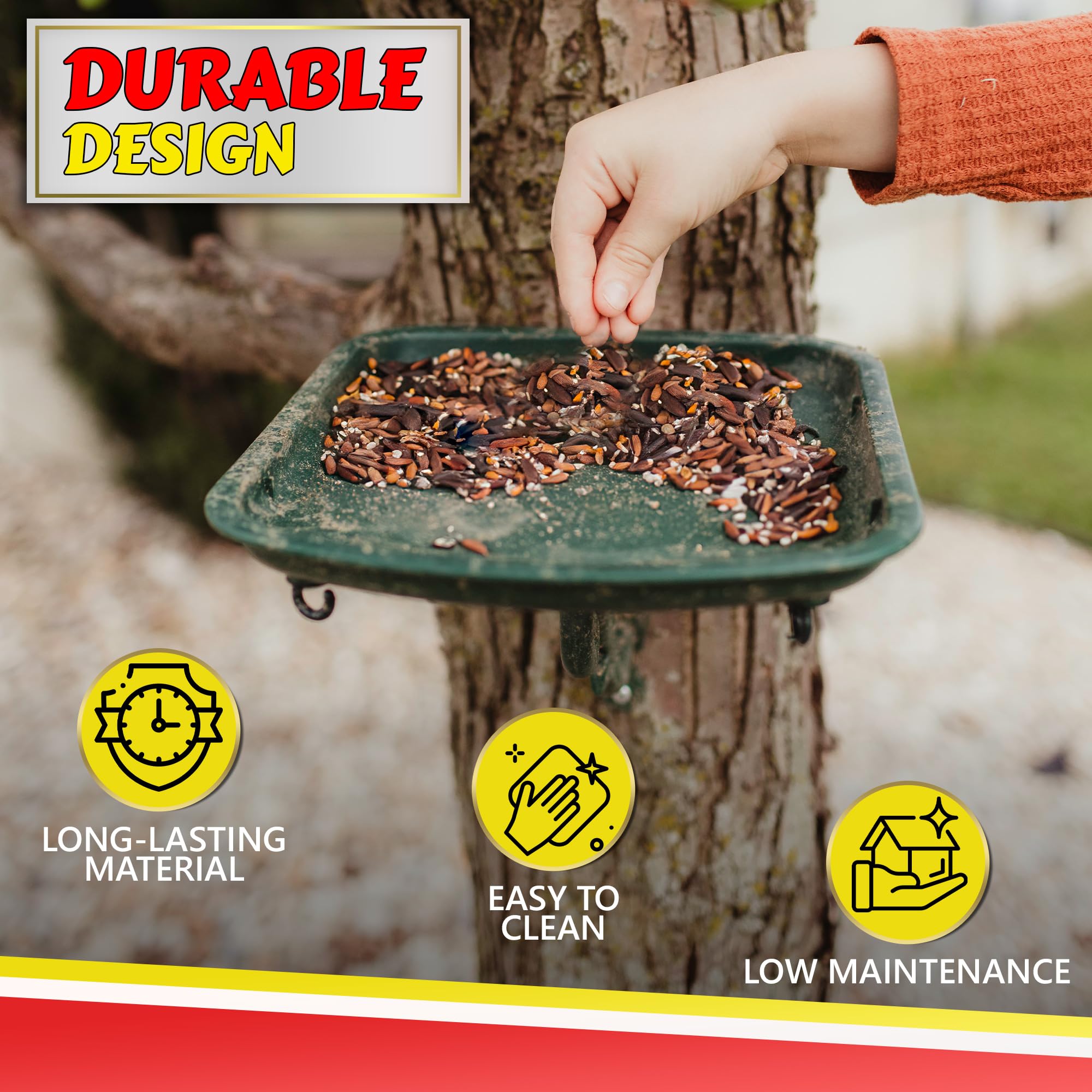 My Favorite Chicken easy-mounting bird feeder mounts quickly on a tree or post.