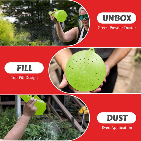 My Favorite Chicken powder duster in coop-application mode for easy barn use.