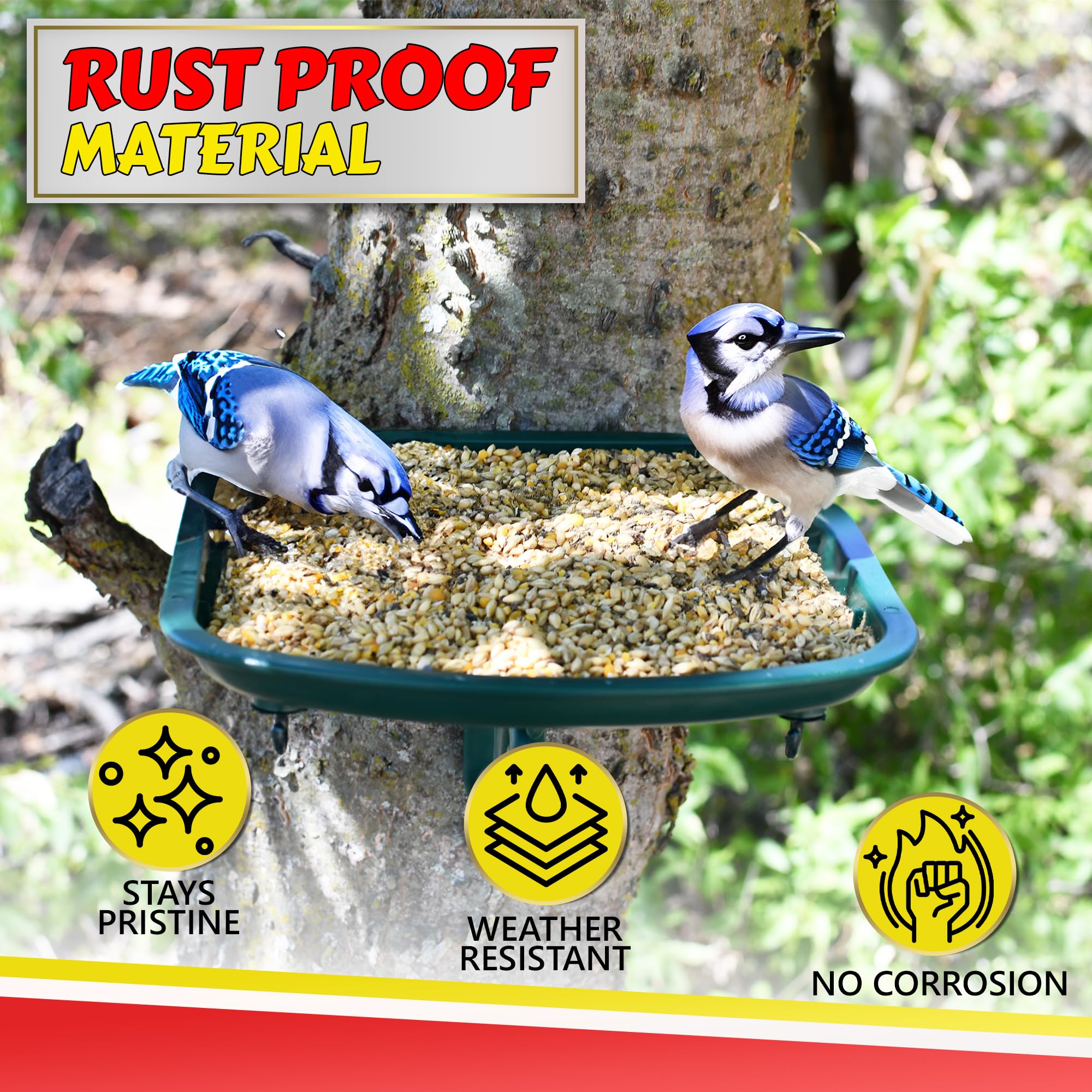 My Favorite Chicken self-draining feeder tray keeps seed dry after rain.