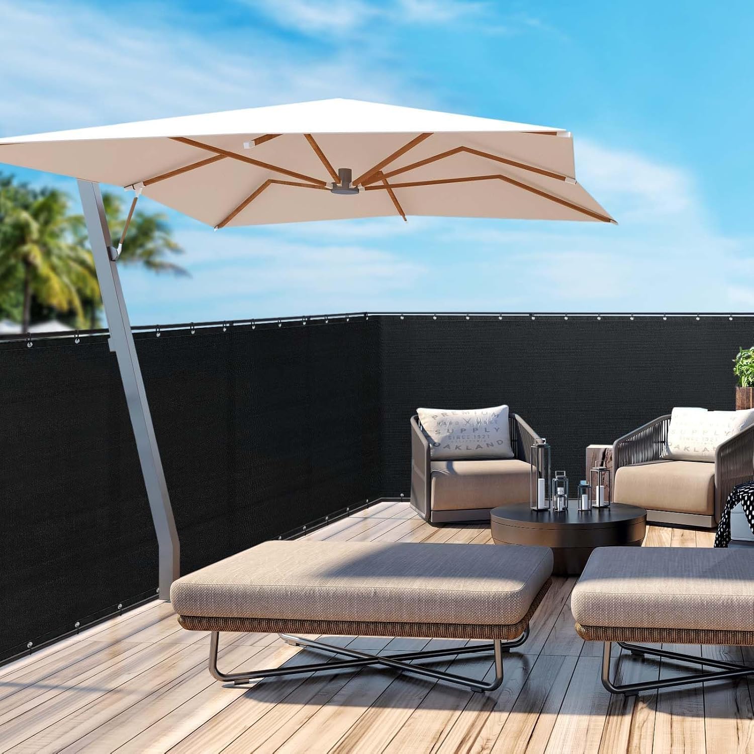 mychoiii black outdoor privacy screen reduces street view and dust exposure.
