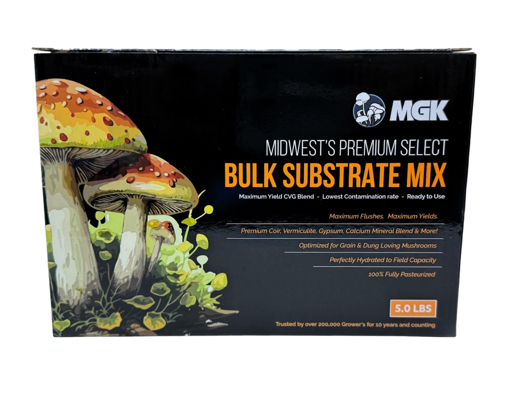 Myco Labs substrate for dung and grain mushrooms supports diverse species.