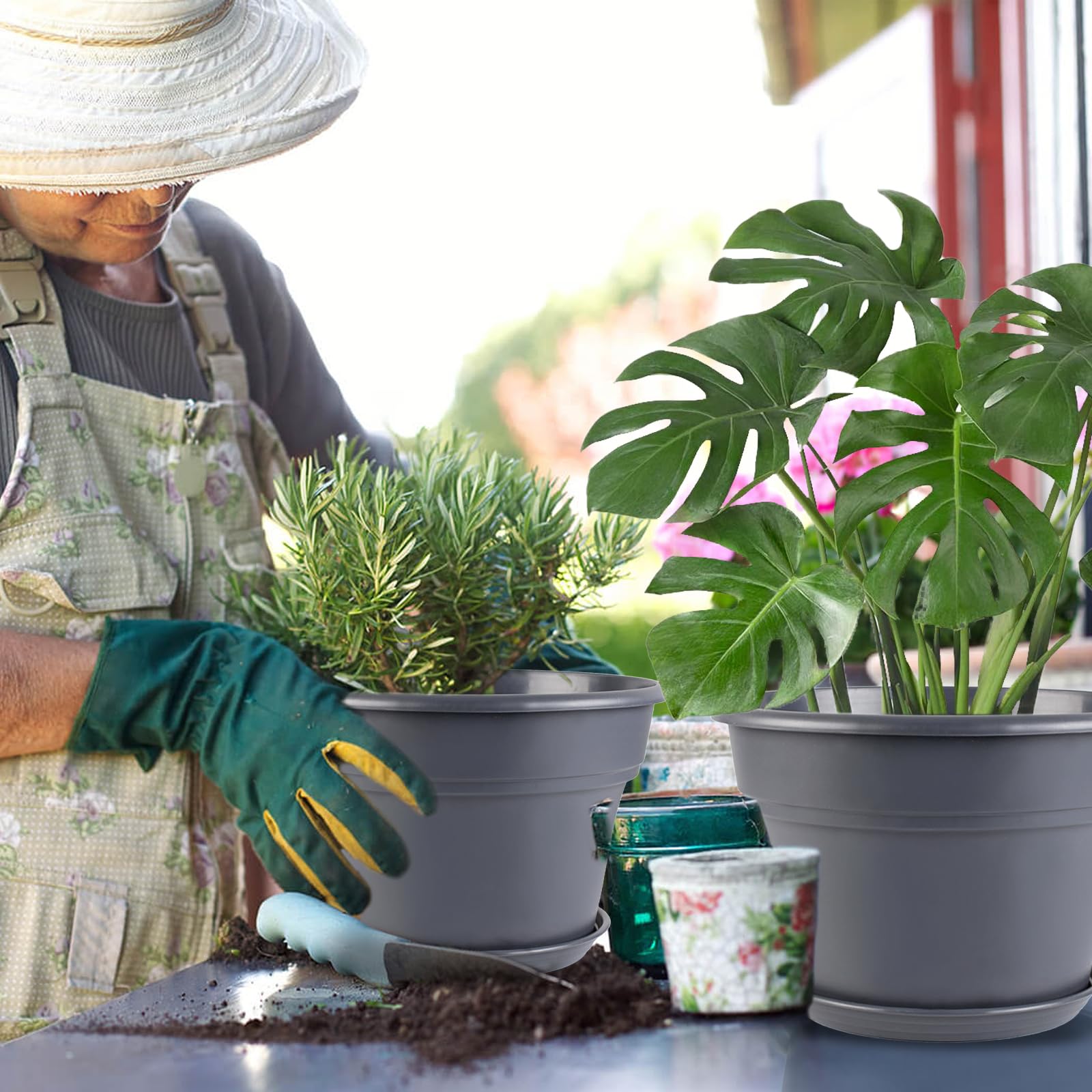 Myfeegoin outdoor plant pots in a sunny garden or balcony setting.