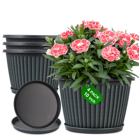 Myfeegoin 10-inch ribbed planter pot with saucer for indoor or outdoor use.