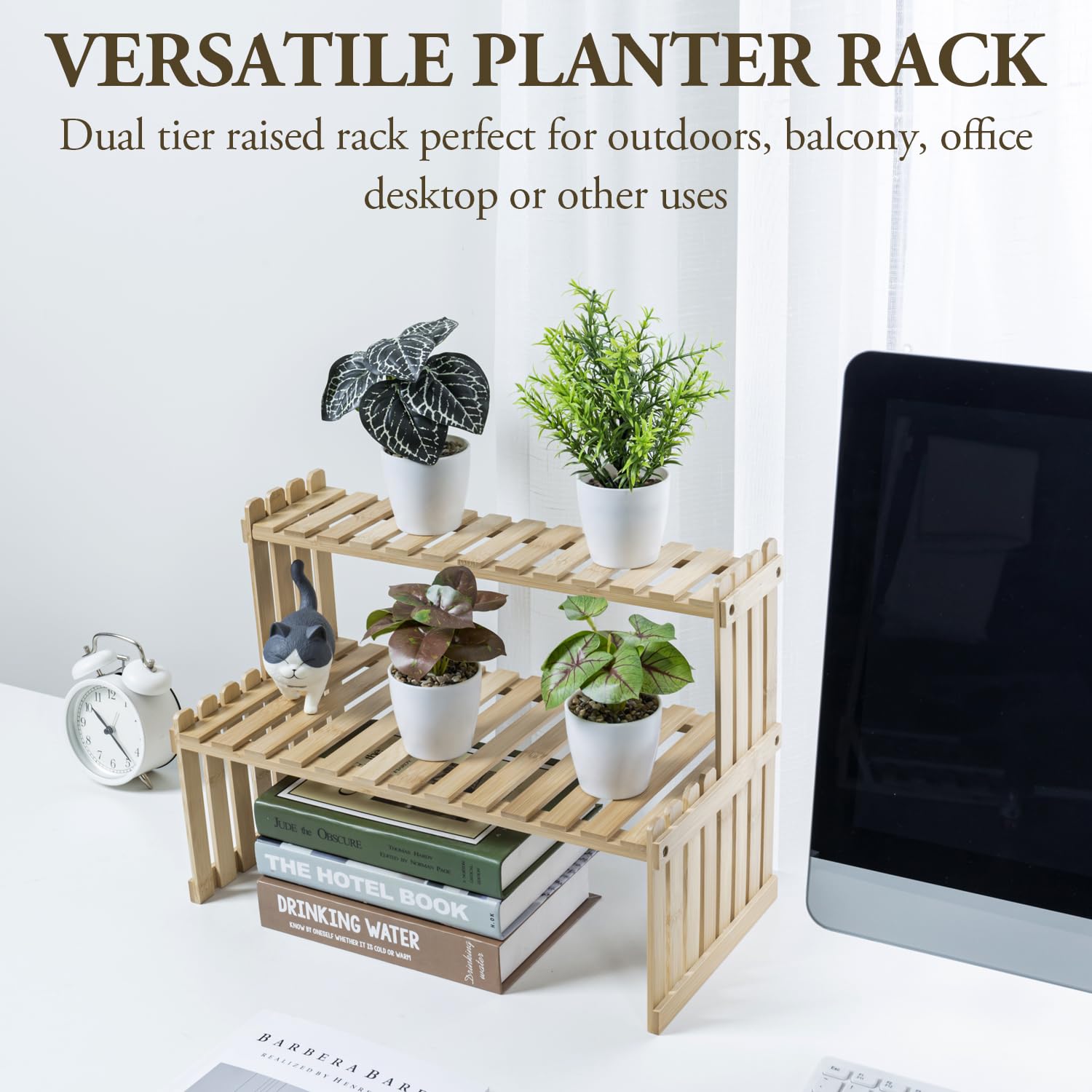 MyGift bamboo slatted shelves offer airy storage for plants or spices