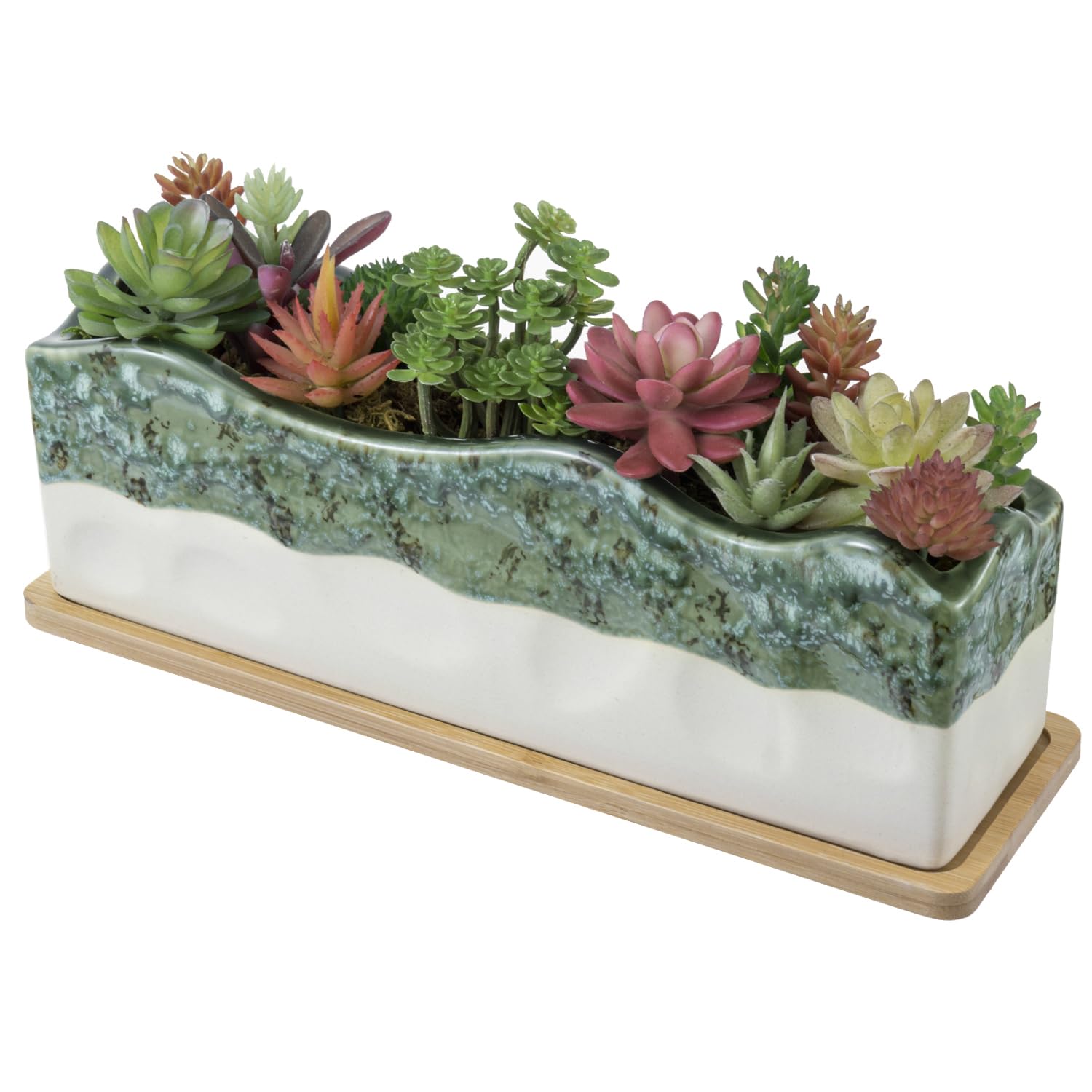 Bottom foot pads stabilize the planter on flat surfaces.
