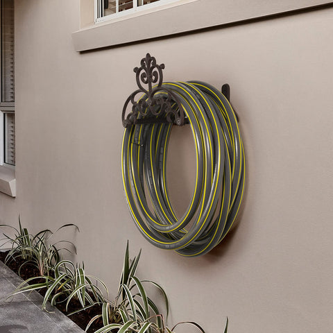 MyGift brown cast-iron hose holder with vintage scrollwork adds curb appeal and order.