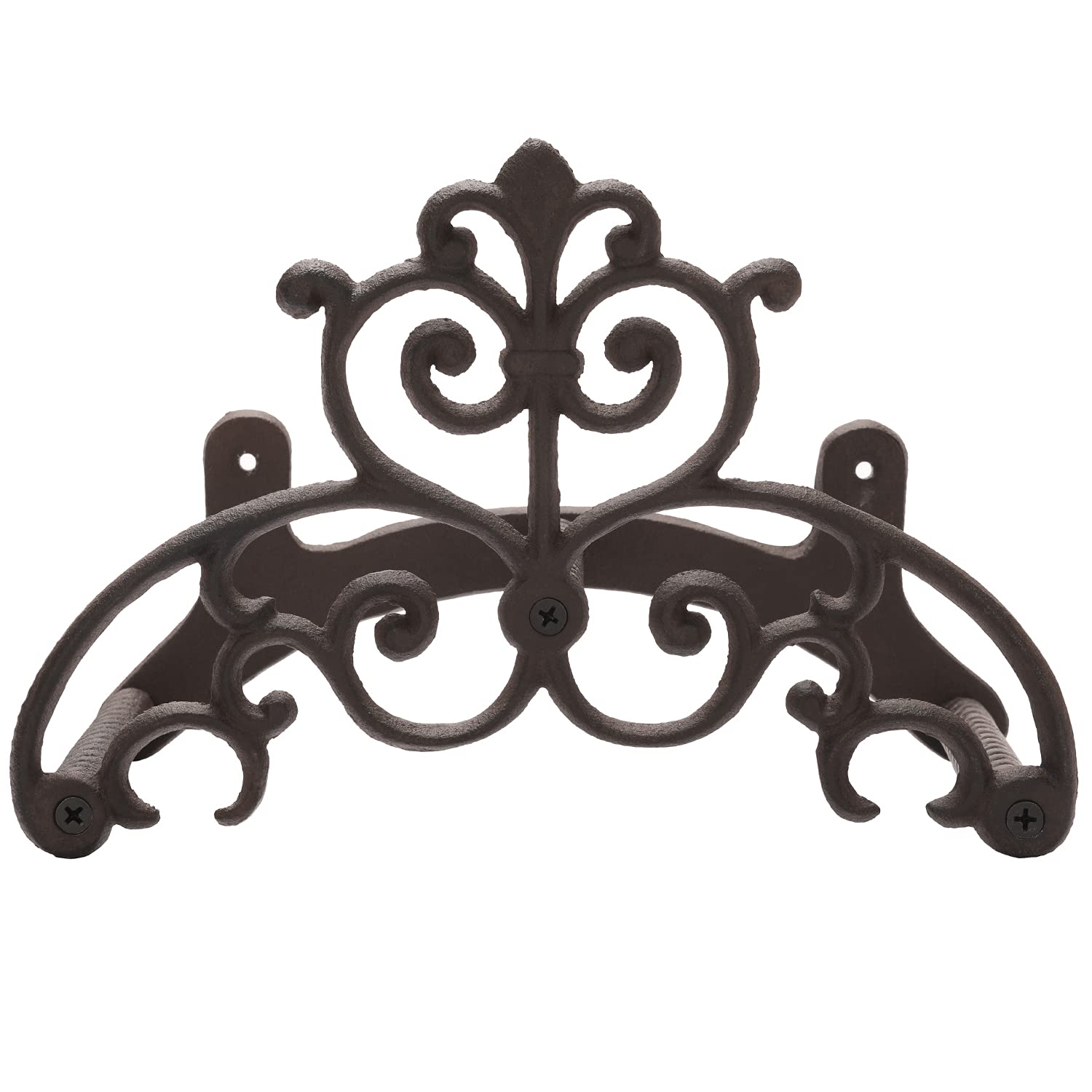 MyGift brown heavy-duty cast iron hose hanger mounted on wall for sturdy storage.
