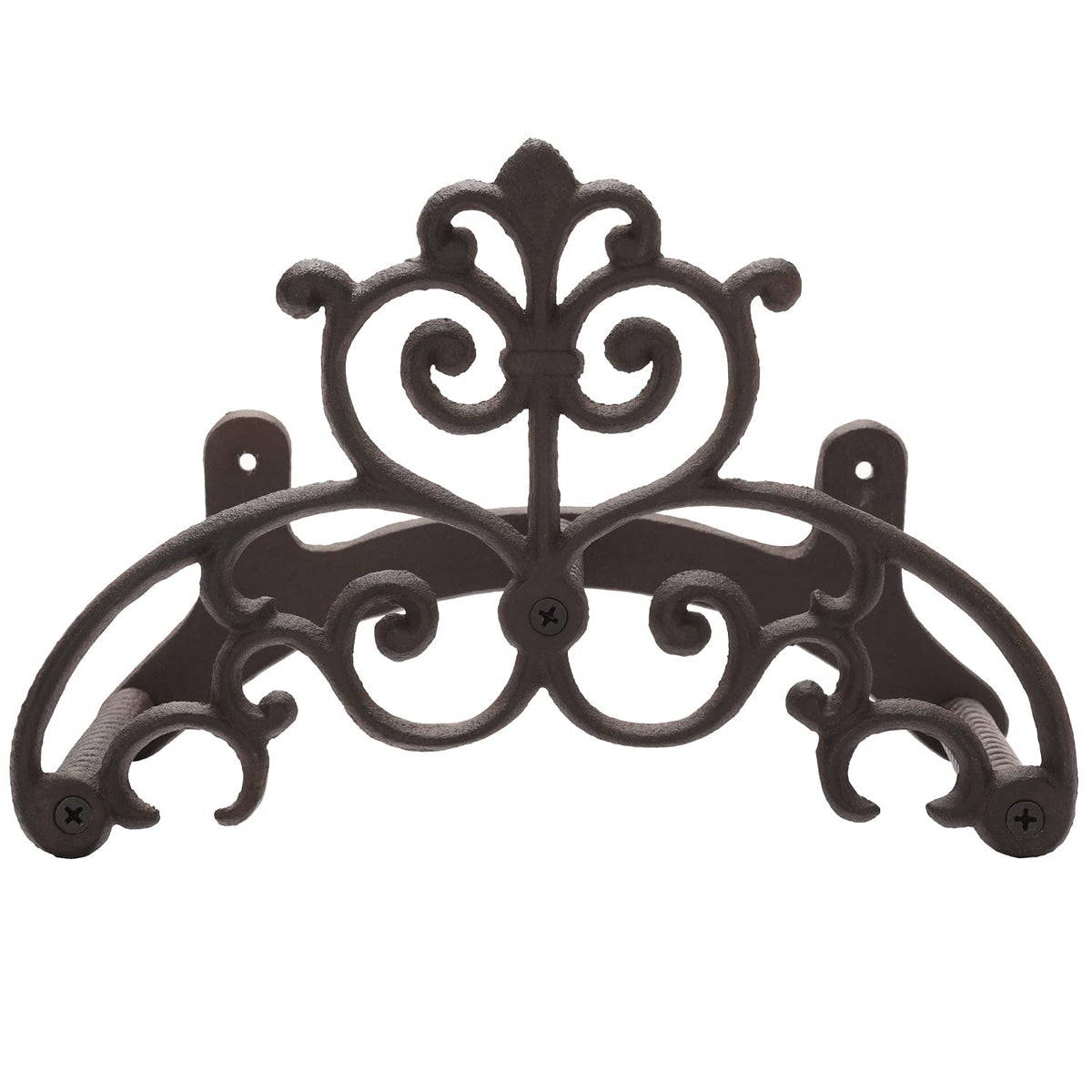 MyGift brown heavy-duty cast iron hose hanger mounted on wall for sturdy storage.