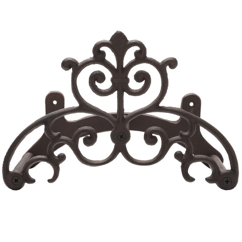 MyGift brown heavy-duty cast iron hose hanger mounted on wall for sturdy storage.
