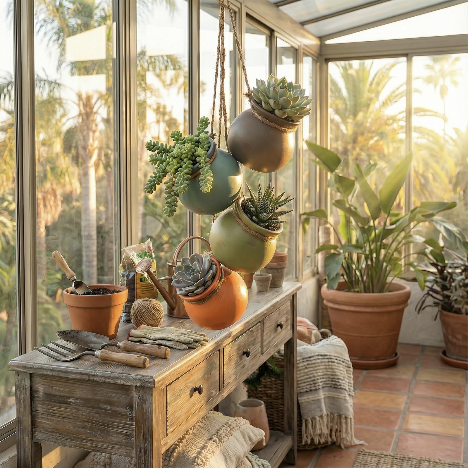 Four pots connected by brown jute rope ready to hang on wall