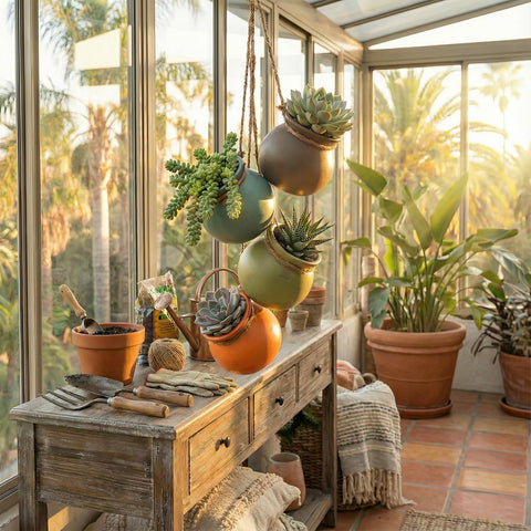 Four pots connected by brown jute rope ready to hang on wall
