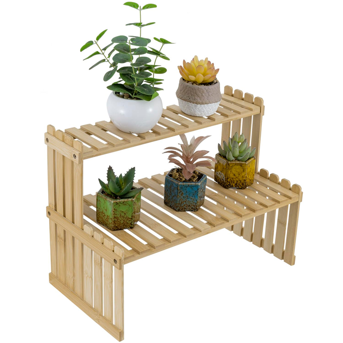 MyGift natural bamboo desktop stand two-tier for tidy plant display