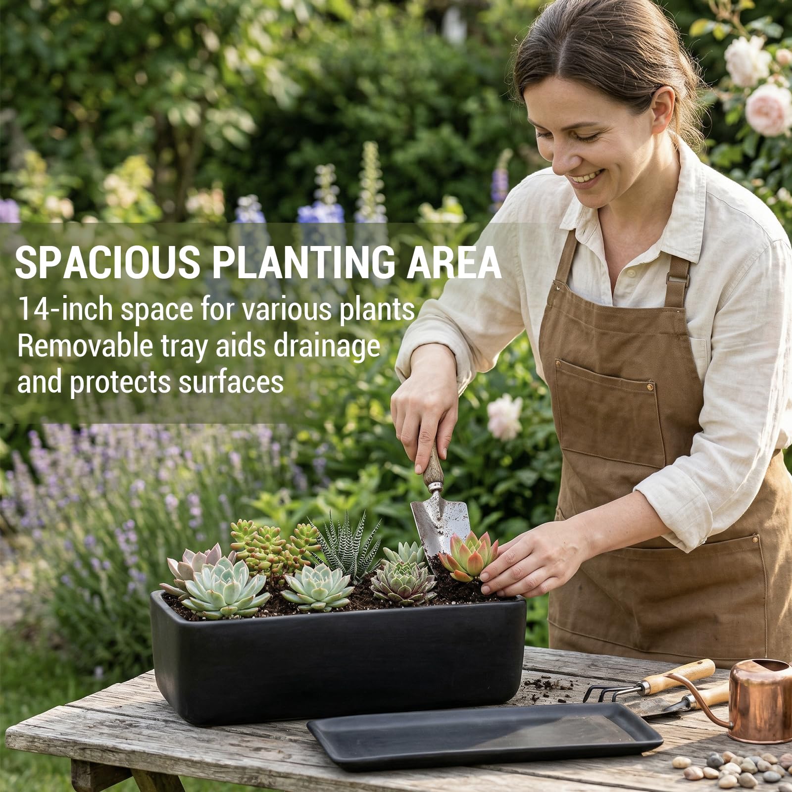 MyGift rectangular planter with removable drip tray protecting surfaces during watering