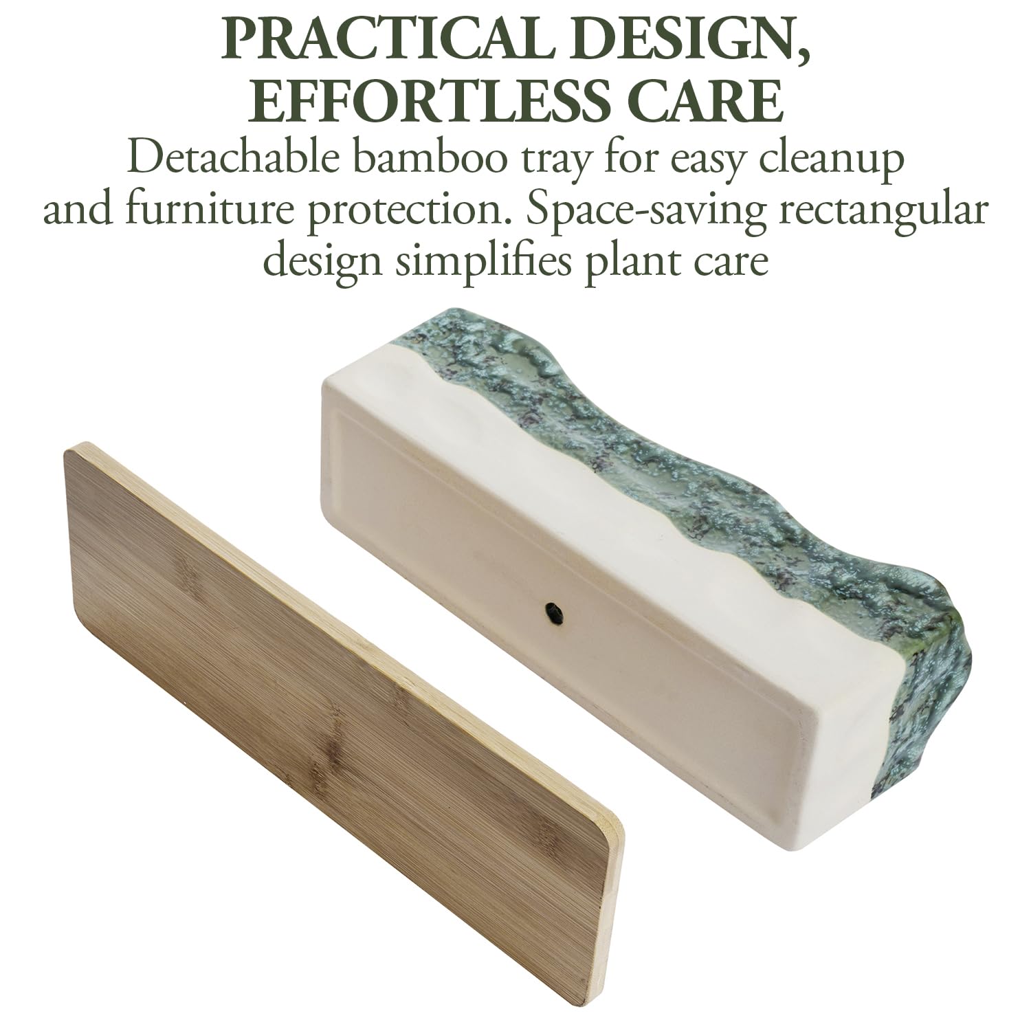 Removable bamboo tray catches drips and protects surfaces.