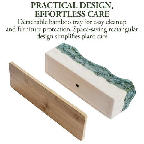 Removable bamboo tray catches drips and protects surfaces.