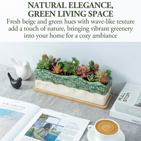 Beige ceramic planter with seafoam glaze for indoor decor enhancement.