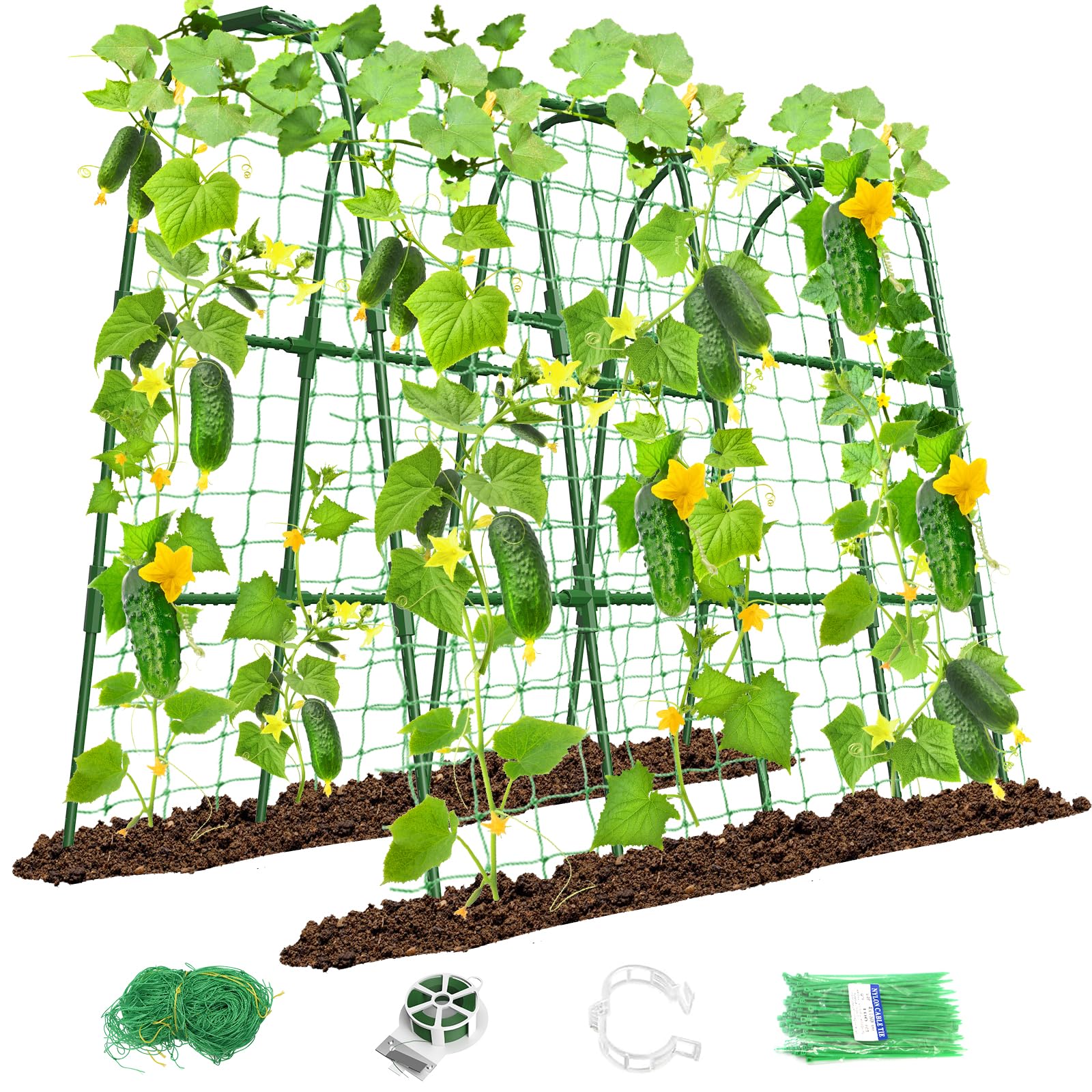 MYMULIKE cucumber trellis in raised bed supports vertical growth and tidy cucumber plants