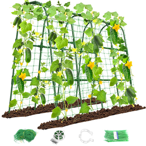 MYMULIKE cucumber trellis in raised bed supports vertical growth and tidy cucumber plants