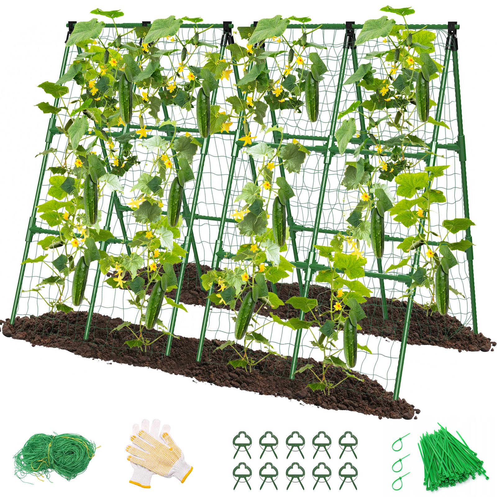 MYMULIKE cucumber trellis A-frame supports climbing vines for compact garden layouts.