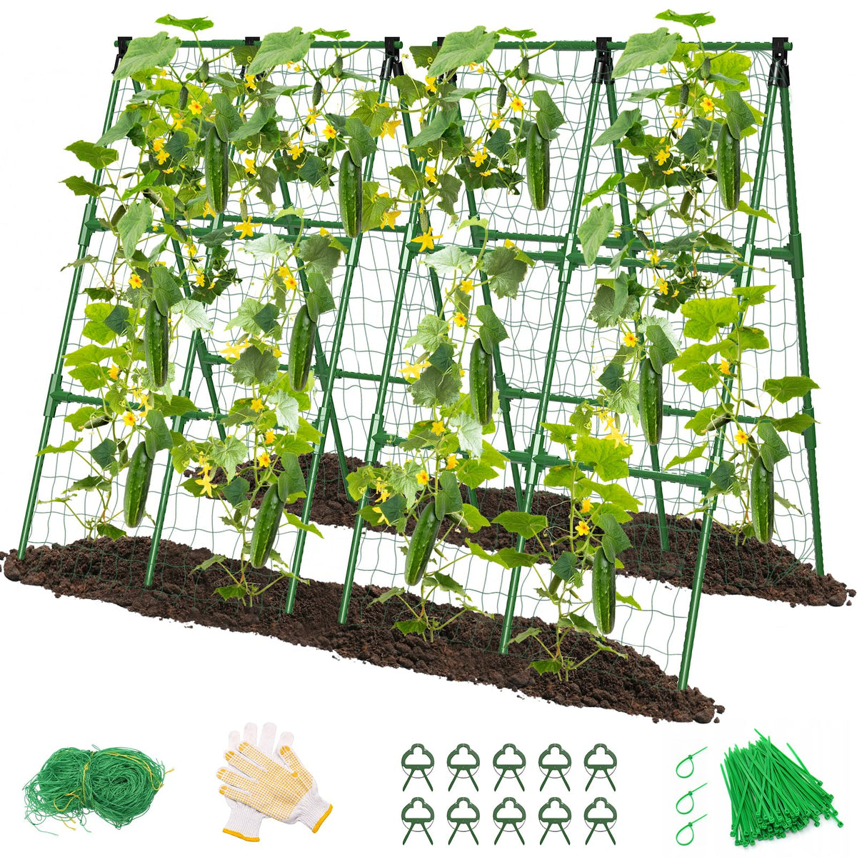 MYMULIKE cucumber trellis A-frame supports climbing vines for compact garden layouts.