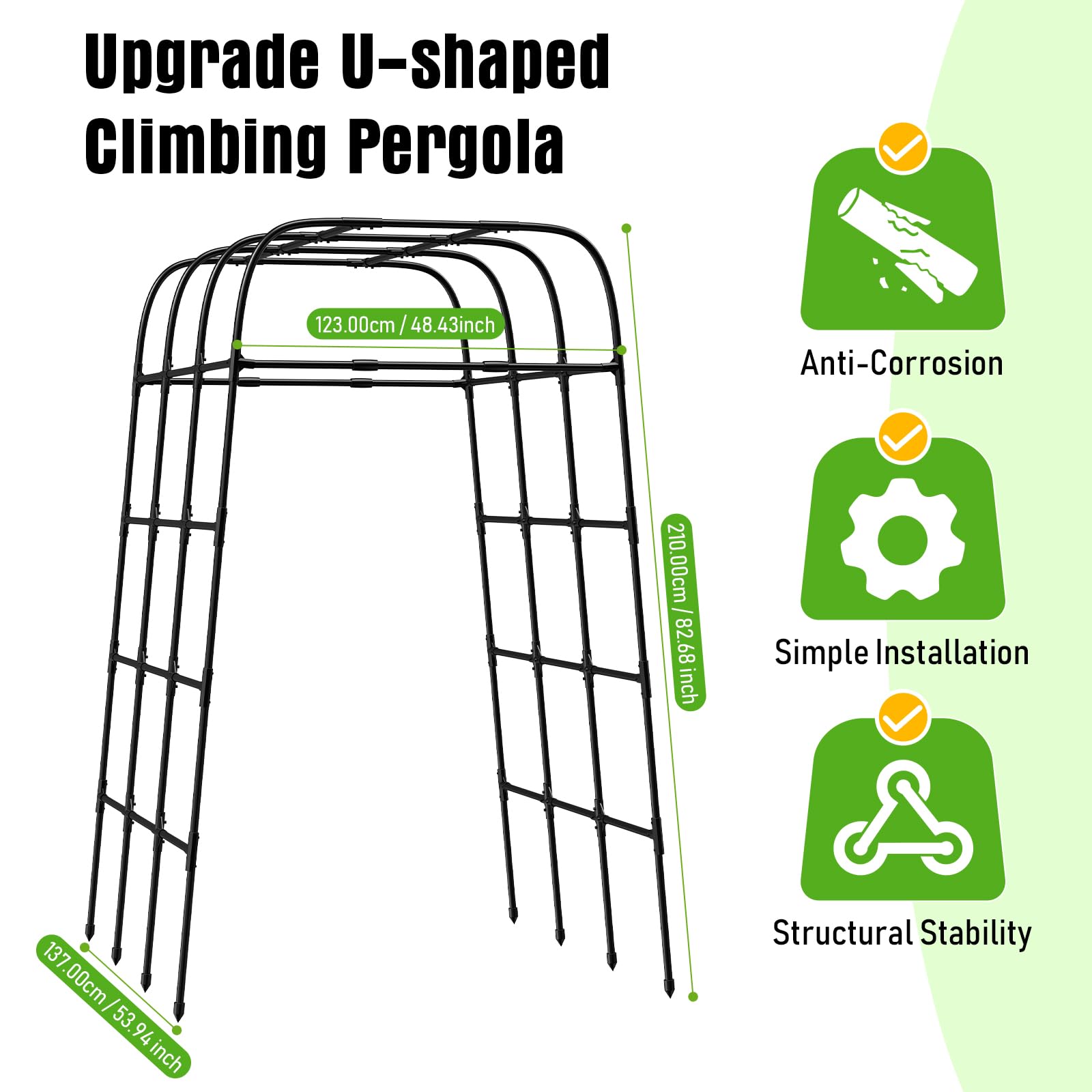 MYMULIKE garden trellis arch 7ft PP-coated frame resists weather and corrosion.