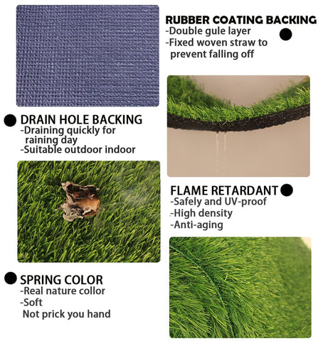 MYOYAY rubber-backed turf with drainage holes for quick drying outdoors
