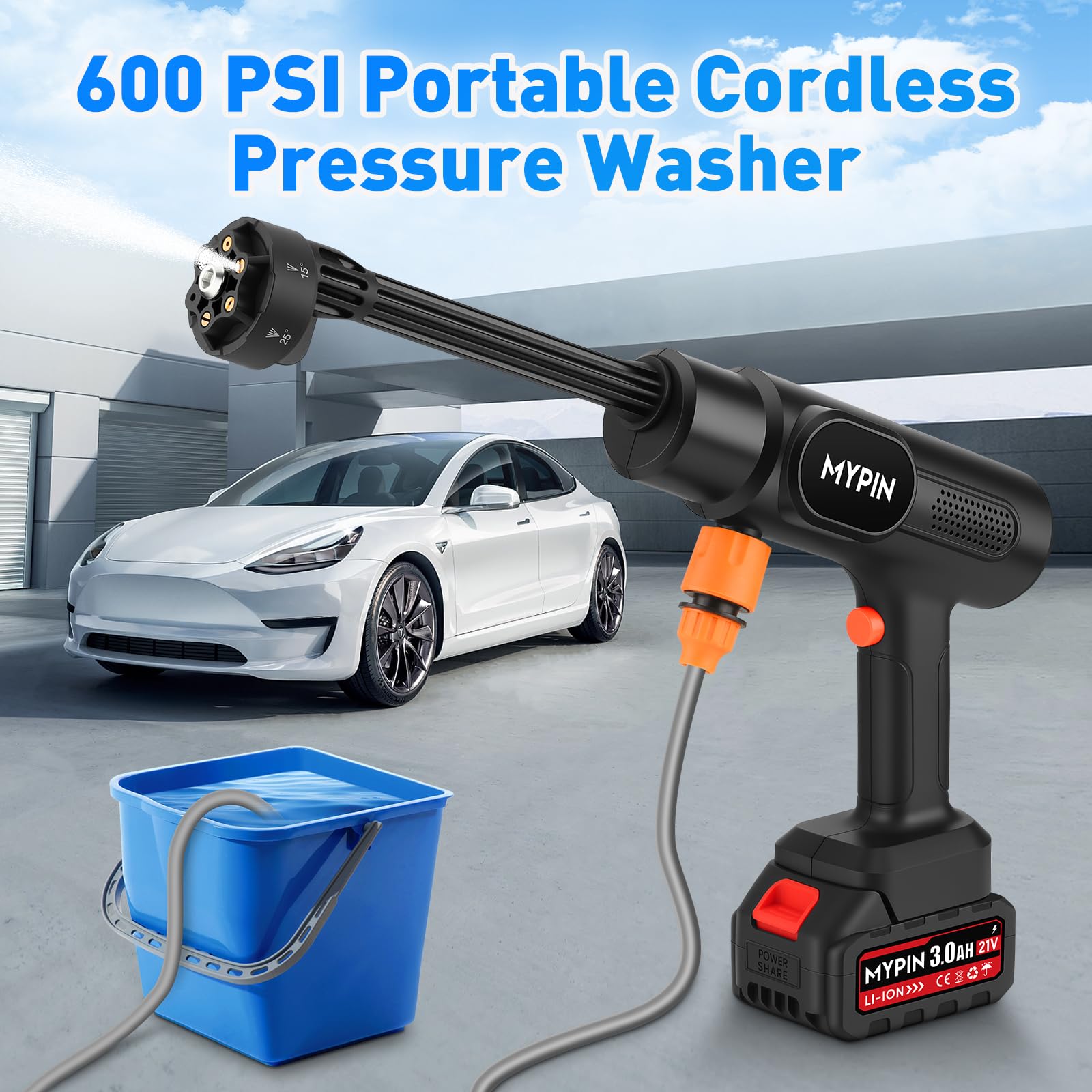 MYPIN 21V rechargeable system powering cord-free outdoor cleaning.