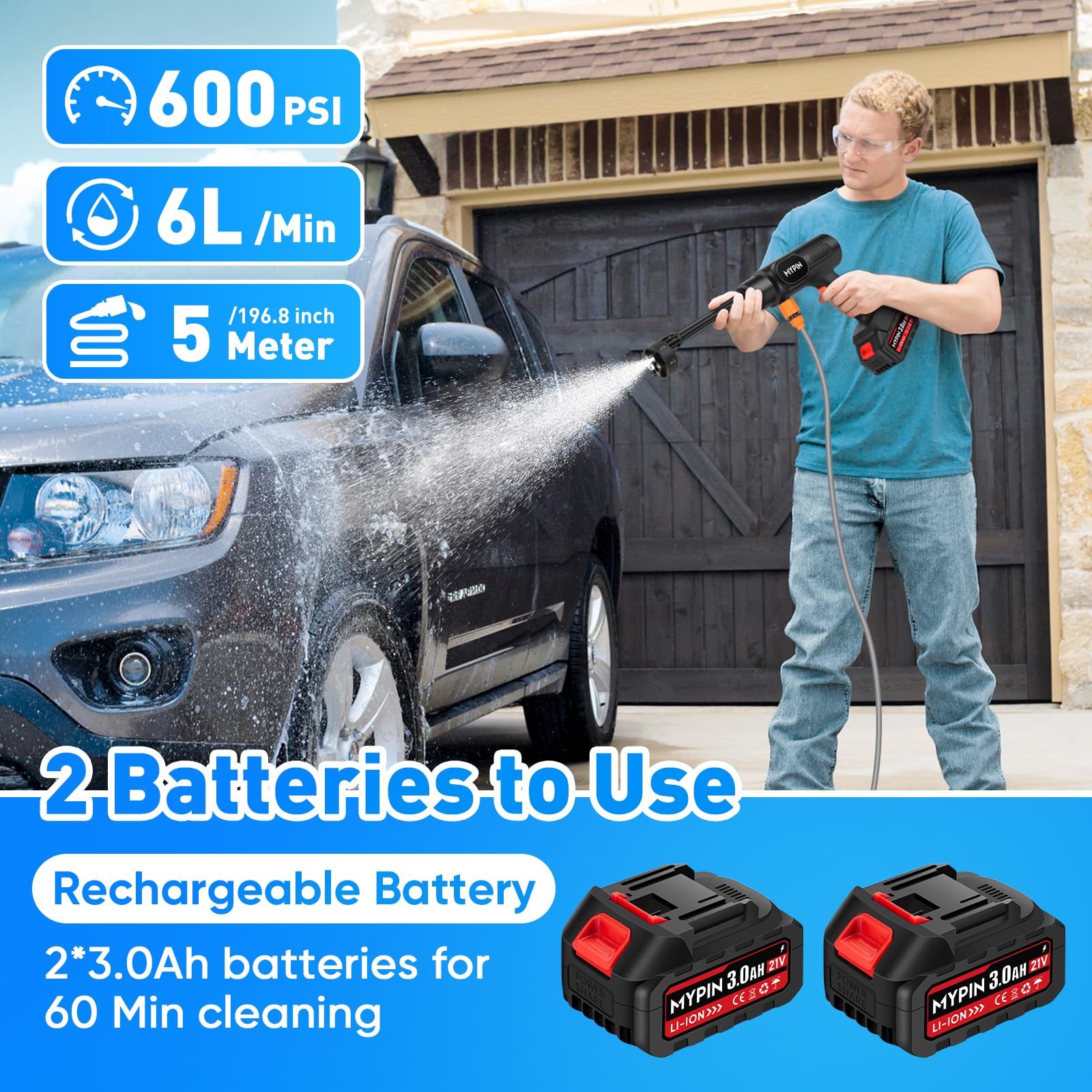 MYPIN 6-in-1 nozzle offers versatile spray options for tough stains.