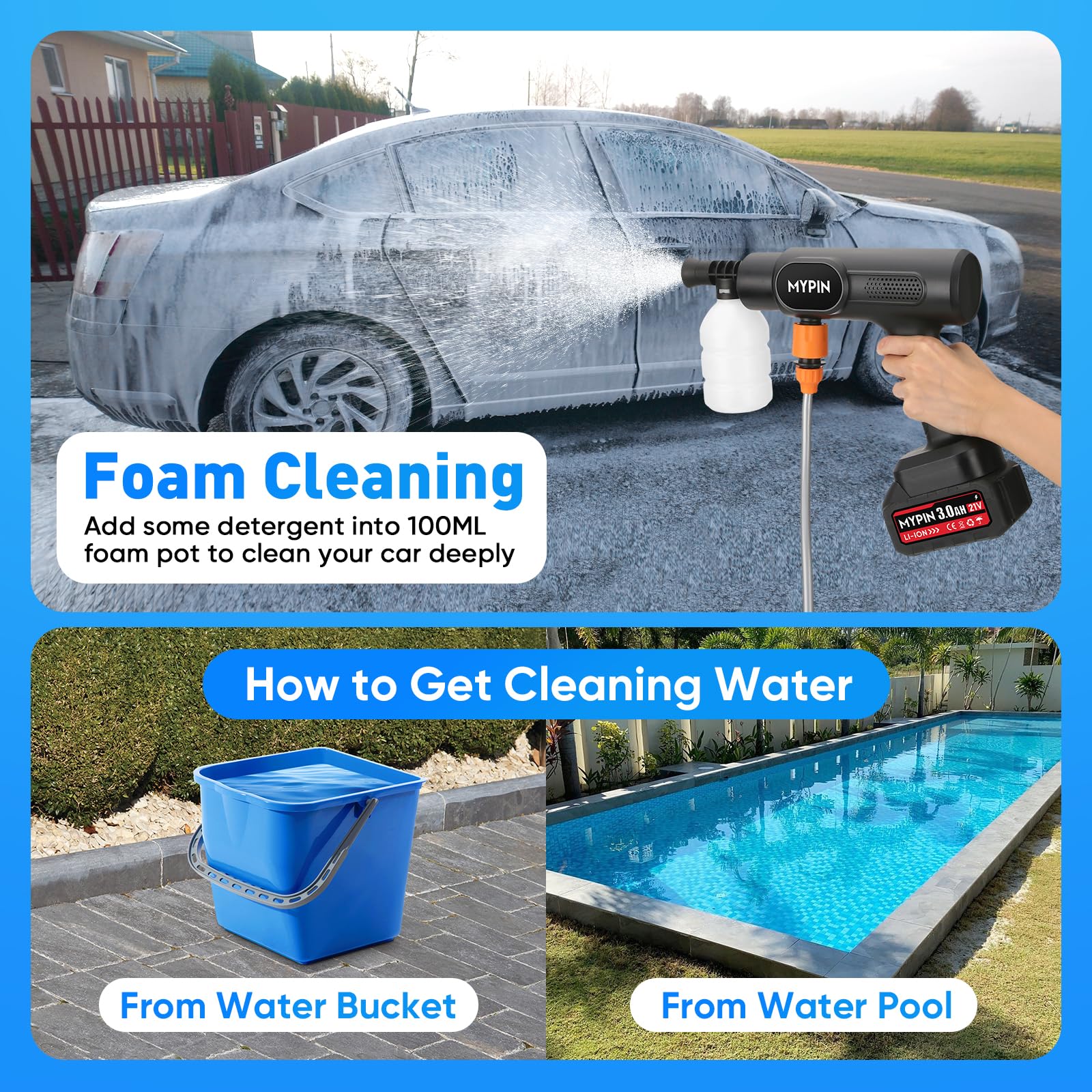 MYPIN foam bottle helps apply soap for car detailing.