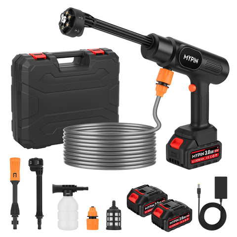 MYPIN portable cordless pressure washer with 600 PSI and dual batteries for efficient car cleaning.