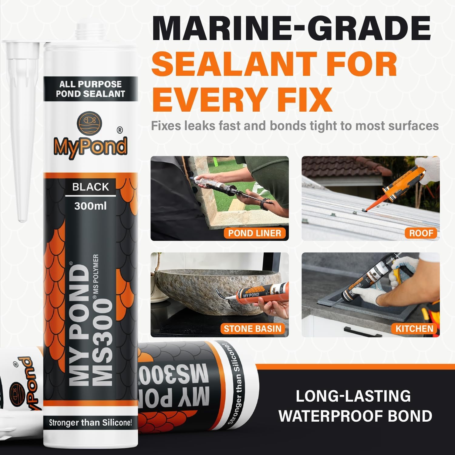 MyPond MS300 bottle with label highlighting marine-grade MS polymer formula