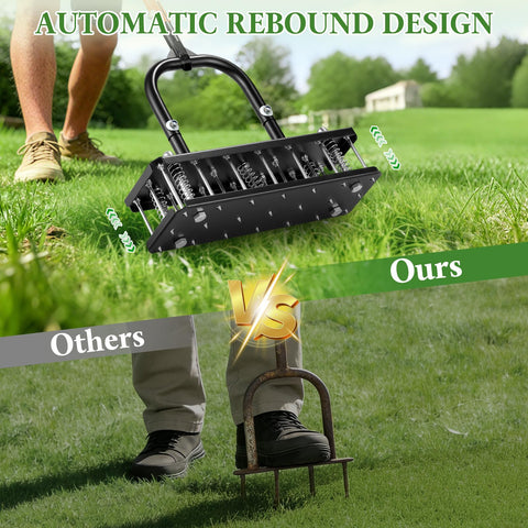 Myrvok ergonomic arc-handle reduces strain during lawn aeration sessions.