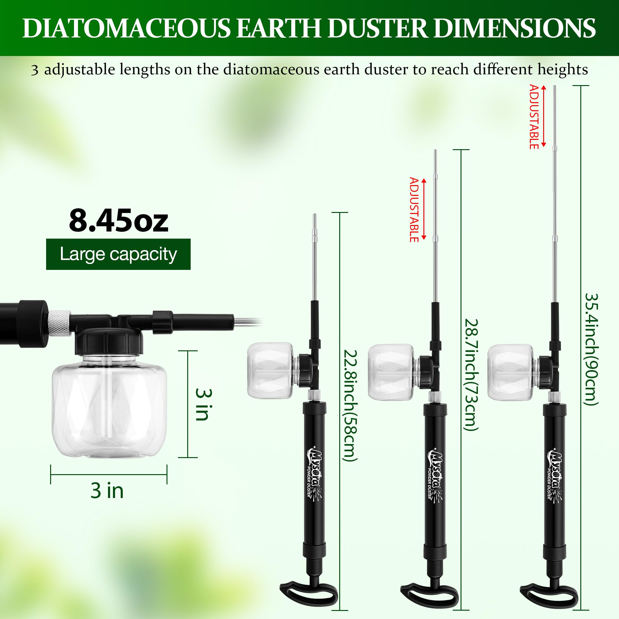 Mysora diatomaceous earth duster adjustable length for precise indoor and outdoor use.