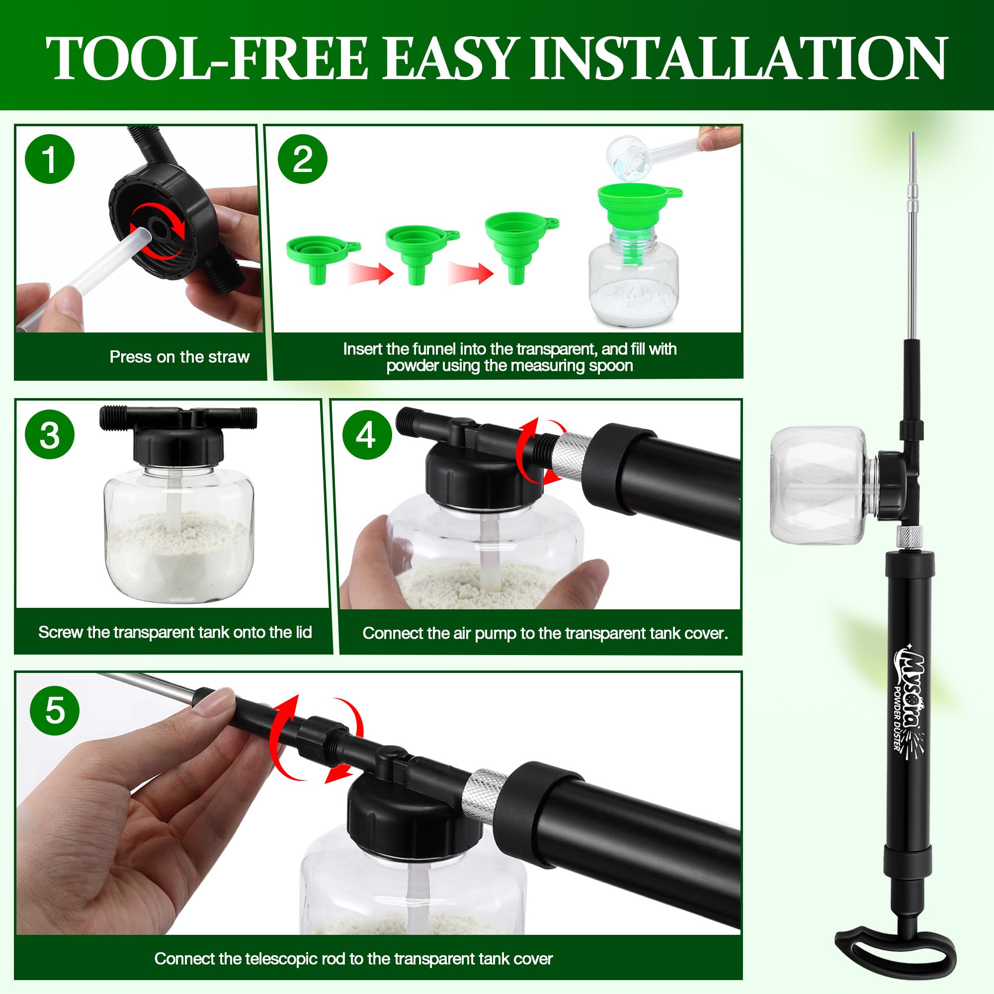 Mysora diatomaceous earth duster folding funnel enables quick refills.