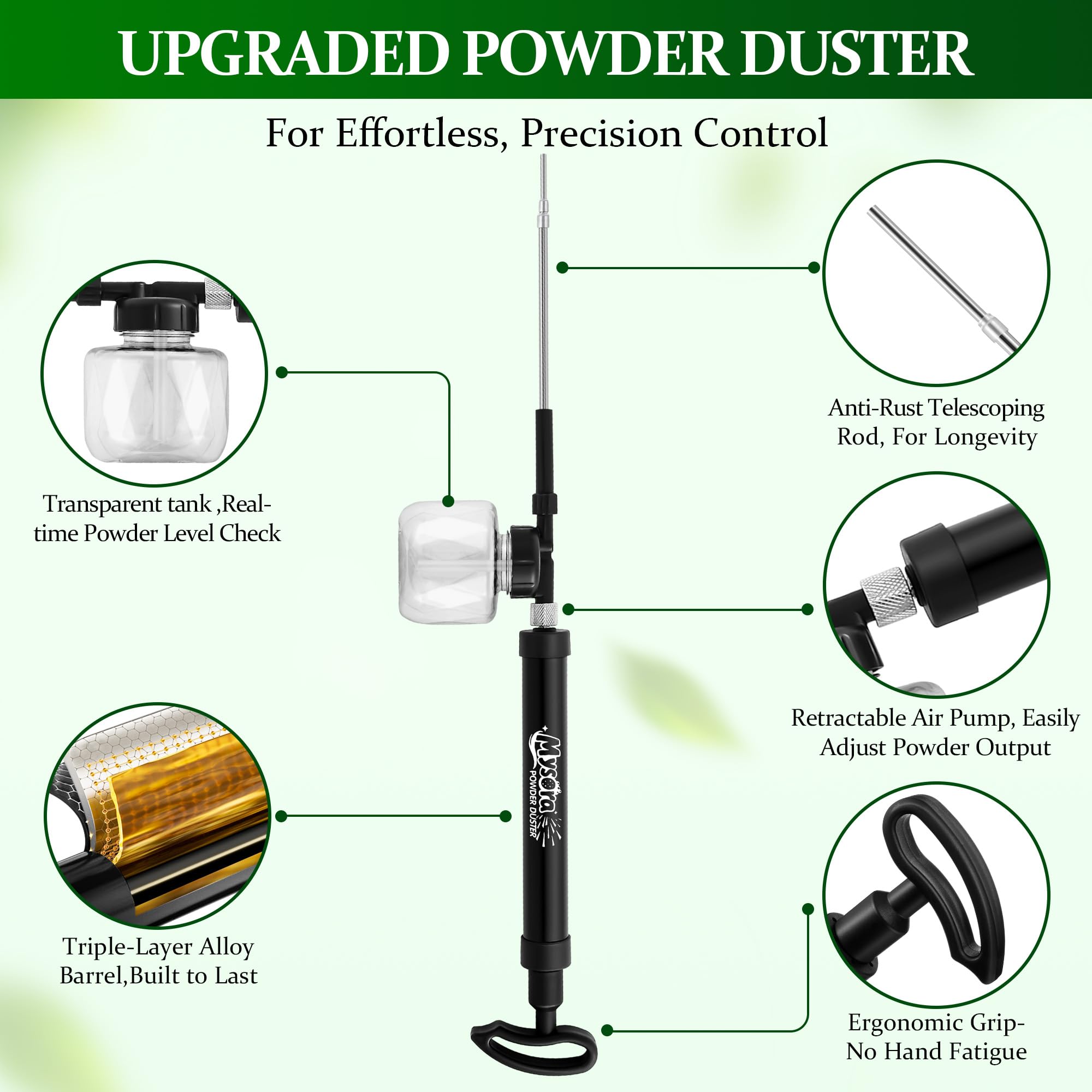 Mysora diatomaceous earth duster powder output control for targeted coverage.