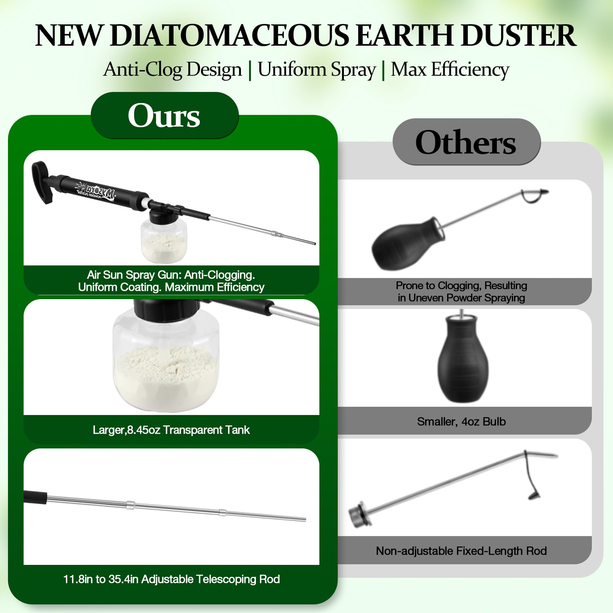 Mysora diatomaceous earth duster push-pull pump provides consistent spray control.