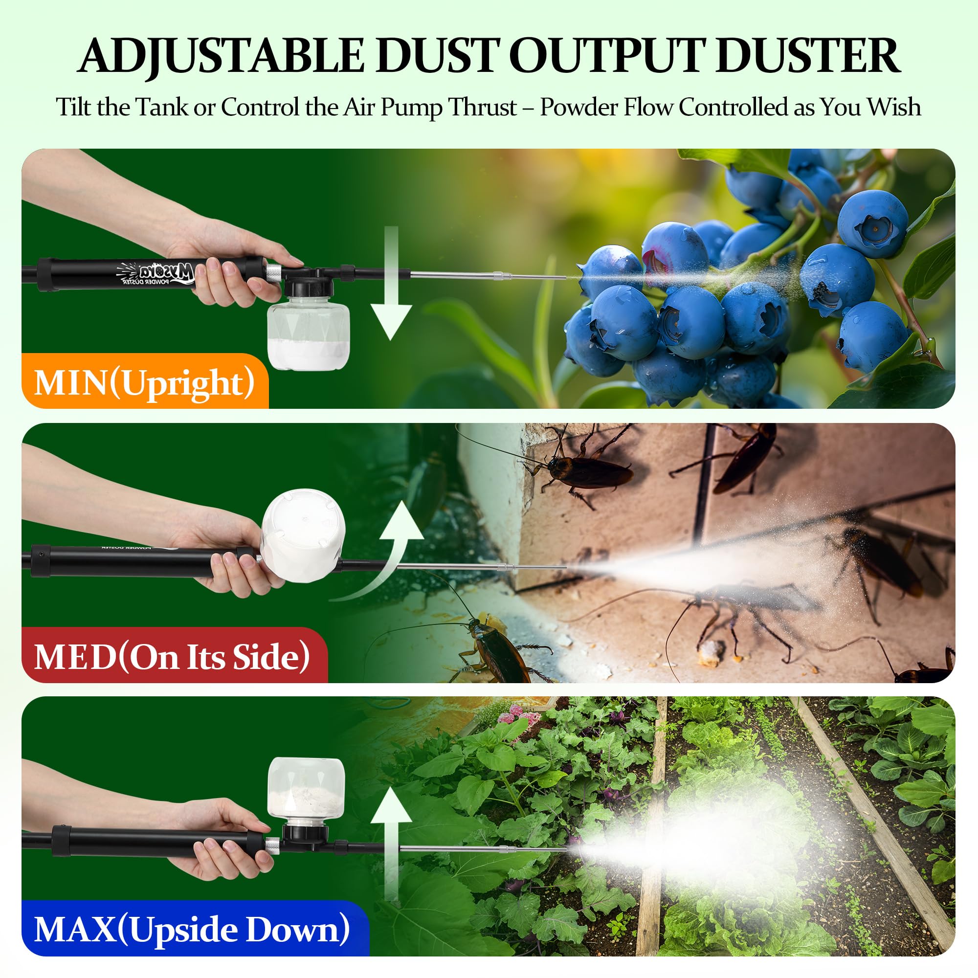 Mysora diatomaceous earth duster transparent tank shows remaining powder clearly.